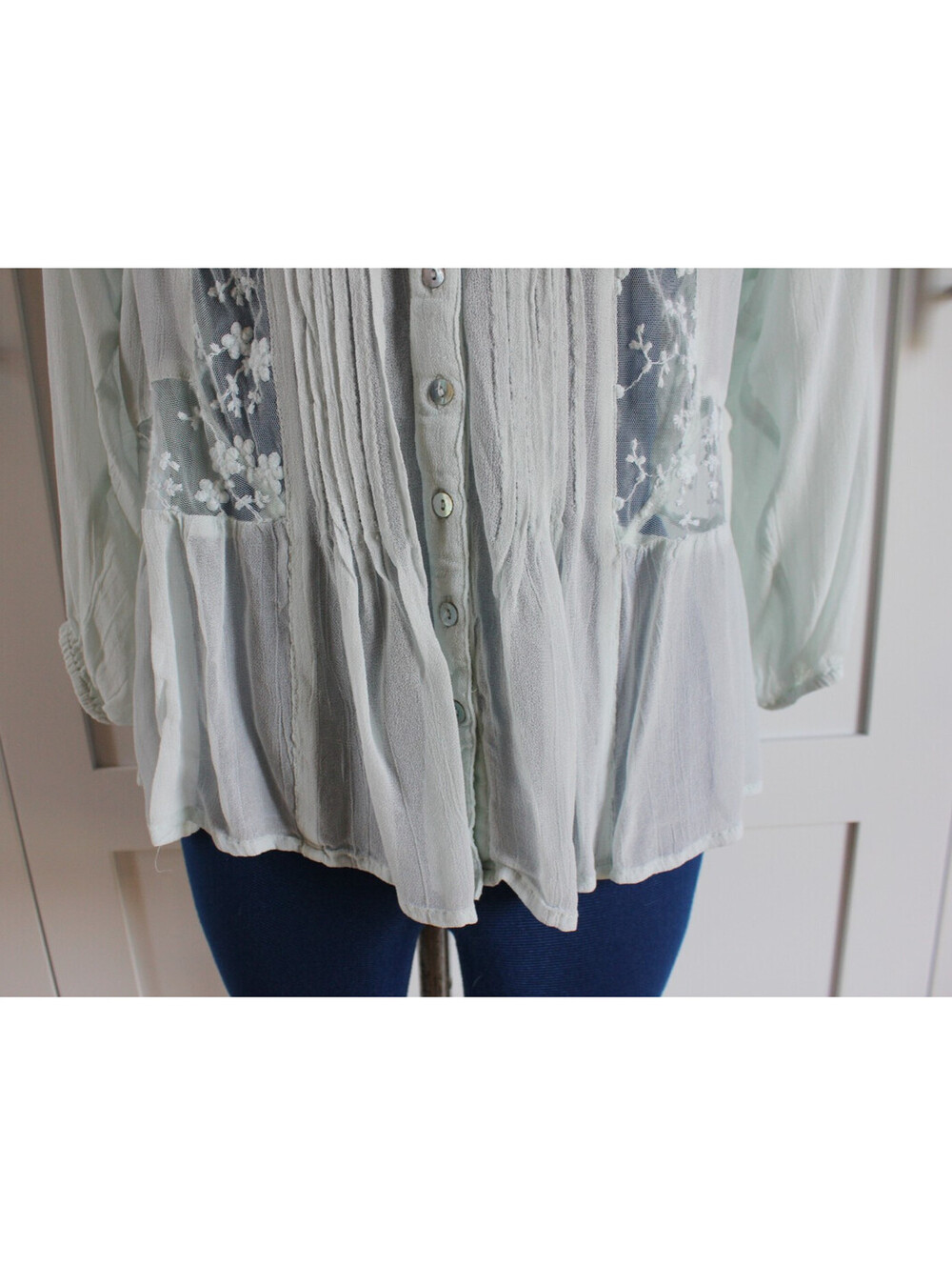 Vintage World Market Size S/M Mint Floral Lace Long Sleeve Button Up Blouse - Picture 3 of 14